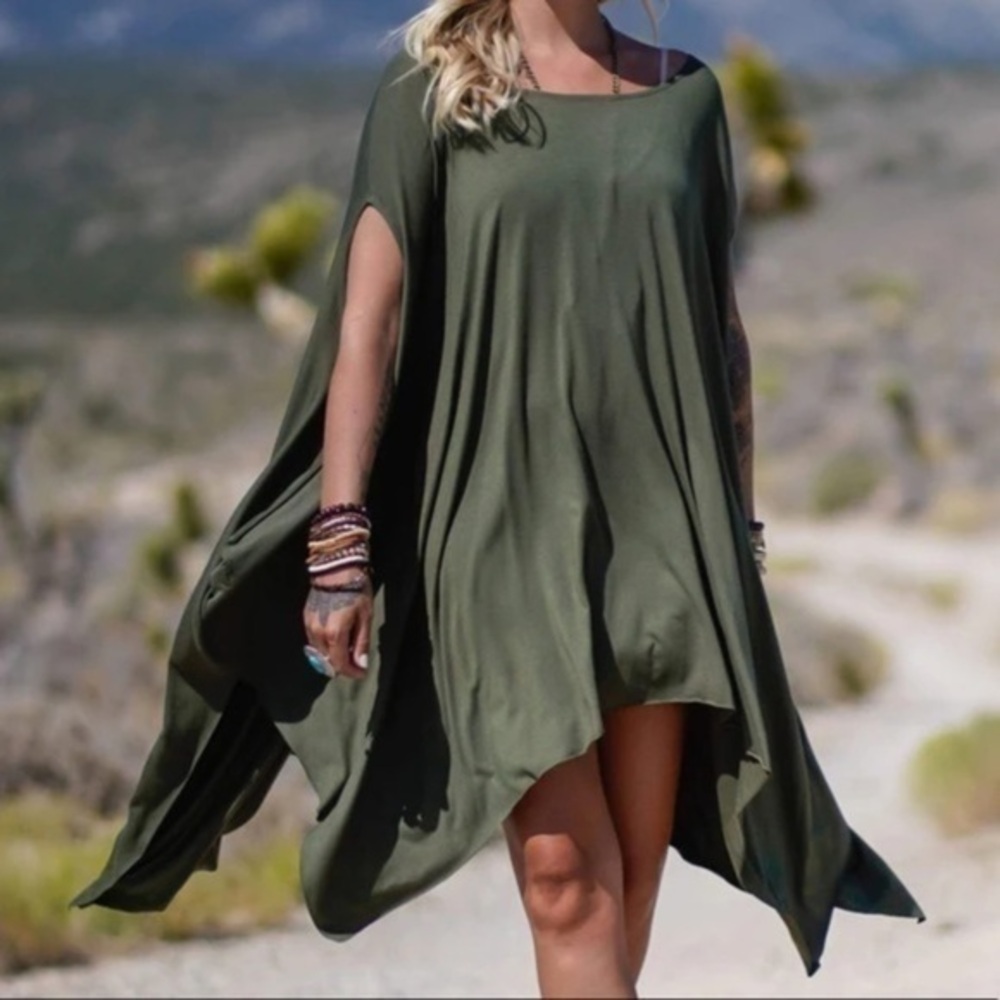 Boho Olive Green Tunic Top Dress Asymmetrical Hem BRAND NEW